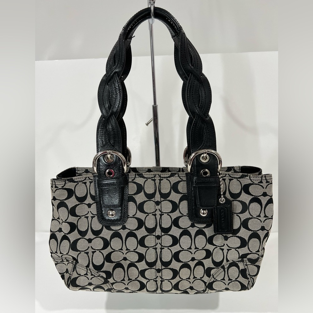 New Coach Black Leather & Gray Signature Jacquard Handbag Satchel Shoulder Bag
